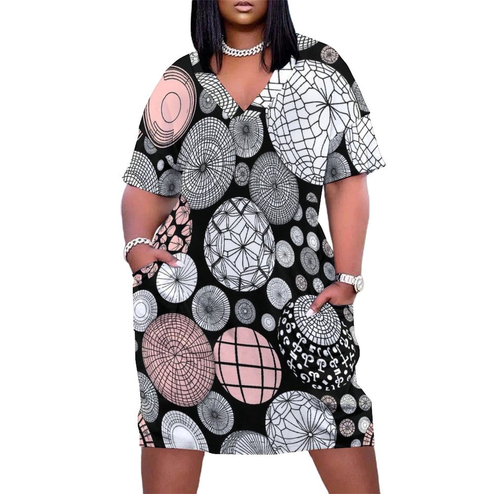 Loose Pocket Dress Abstract Circle Pattern Dresses for Woman Dresses ...