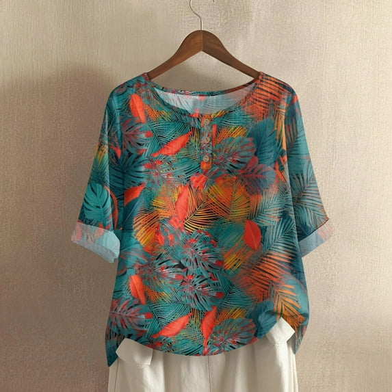 Loose Printed Floral T-Shirt Women'S Casual Round Neck Long Beautiful Top Female Model Daily Wear