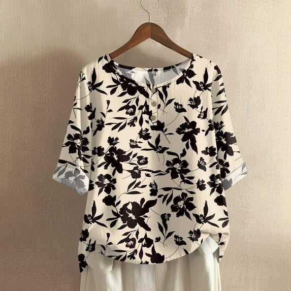 Loose Printed Floral T-Shirt Women'S Casual Round Neck Long Beautiful Top Female Model Daily Wear