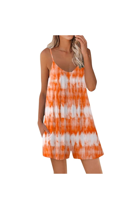 Loose Romper for Women Summer Casual Spaghetti Strap Tie Dye Short Jumpsuit with Pocket Wide Leg Oneise Fashion Outfits, Orange, M
