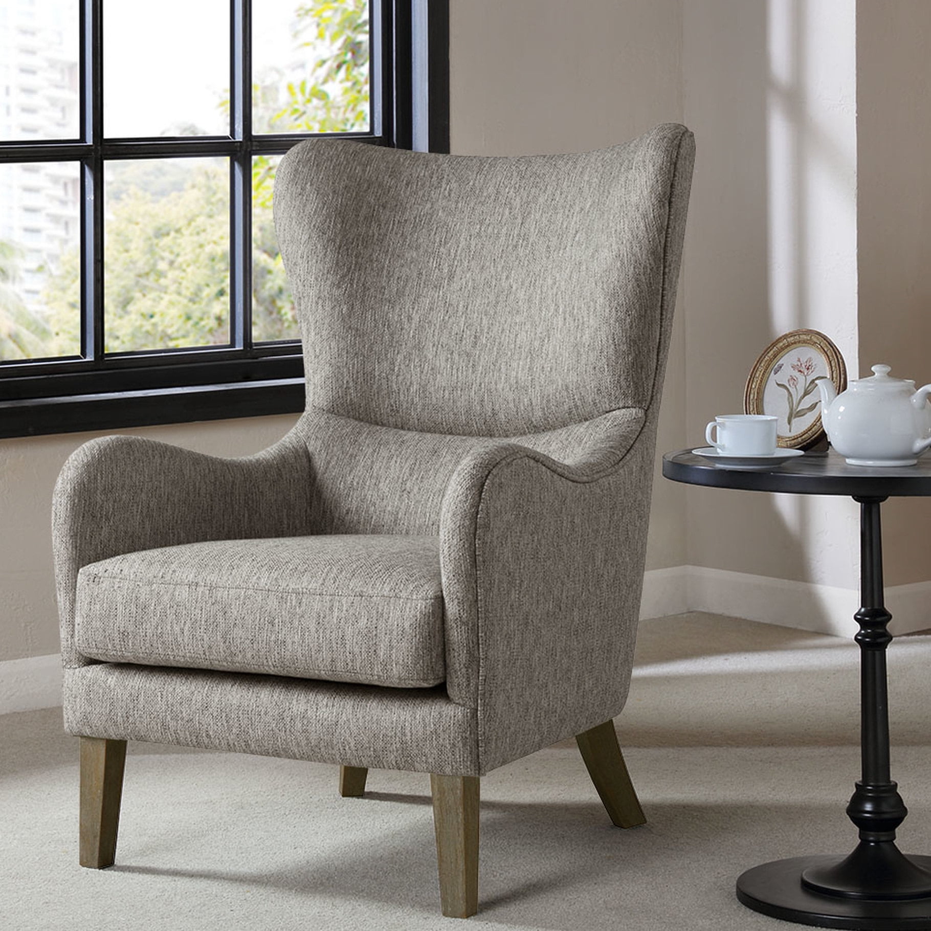 Arianna Swoop Wing Chair with High-Density Foam Support in Grey Solid Wood main image 1