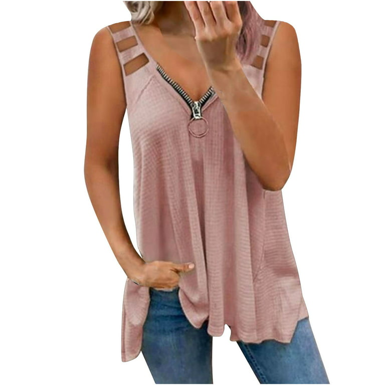 Loose Shirts to Hide Belly Fat Women Zipper V Neck Tank Tops for Summer  Dressy Casual Sleeveless Blouse Tunic Tops
