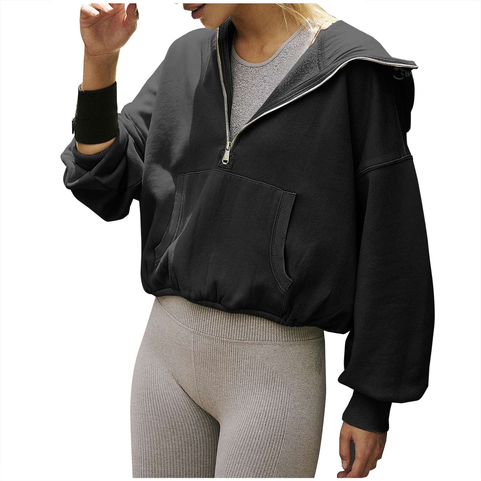 Loose Sleeve Hoodie for Women Half Zip V Neck Crop Pullover with Pocket Long Sleeve Casual Sweatshirt Tops (M, Black) Loose Sleeve Hoodie for Women Half Zip V Neck Crop Pullover with Pocket Long Sleeve Casual Sweatshirt Tops (M, Black)