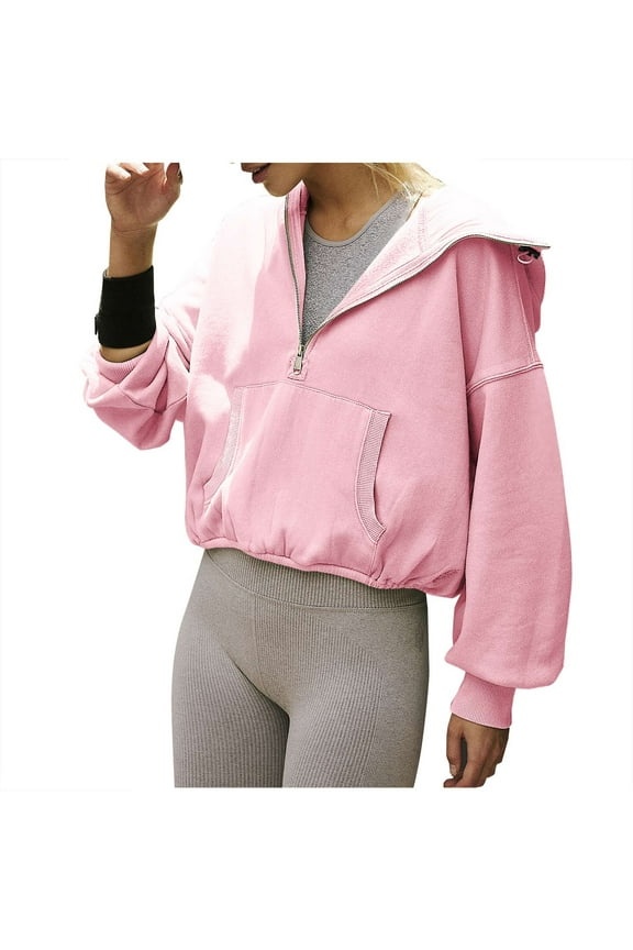 Loose Sleeve Hoodie for Women Half Zip V Neck Crop Pullover with Pocket Long Sleeve Casual Sweatshirt Tops (XL, Pink)
