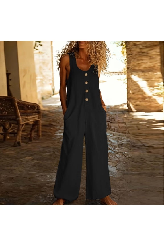 Loose Sleeveless Jumpsuit for Women V Neck Wide Leg Rompers Button Down One Piece Overalls Baggy Casual Vacationwear