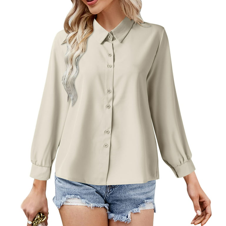 Loose Solid Color Tops Elegant Round Neck Tees Women‘s Button Down Shirt V  Neck Stand Collar Cotton Blouse Long Sleeve Lapel Shirts