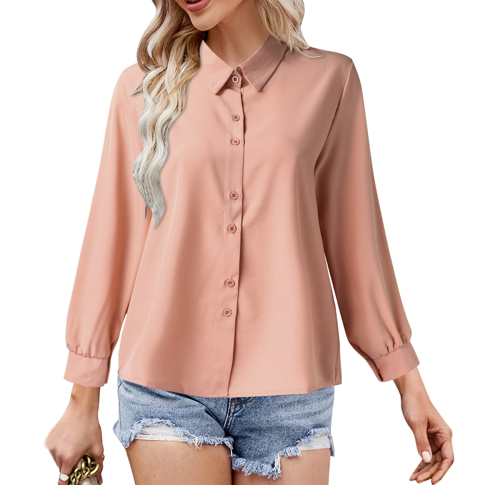 Loose Solid Color Tops Elegant Round Neck Tees Women's Button Down Shirt V  Neck Stand Collar Cotton Blouse Long Sleeve Lapel Shirts 