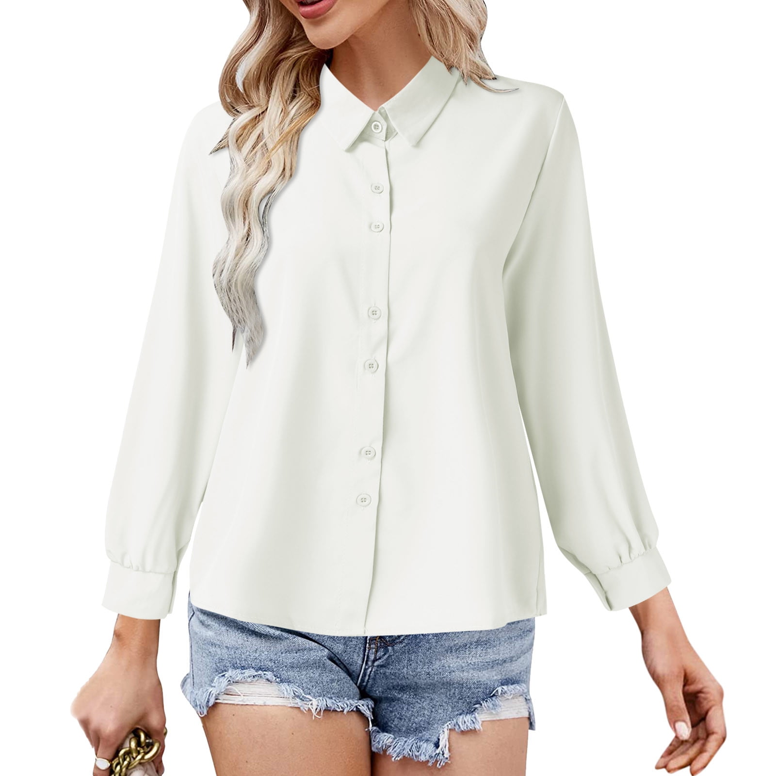 Frontwalk Ladies Baggy Lapel Neck Tunic Shirt Button Down Loose Shirts  Women Turn Collar Holiday Blouse White L