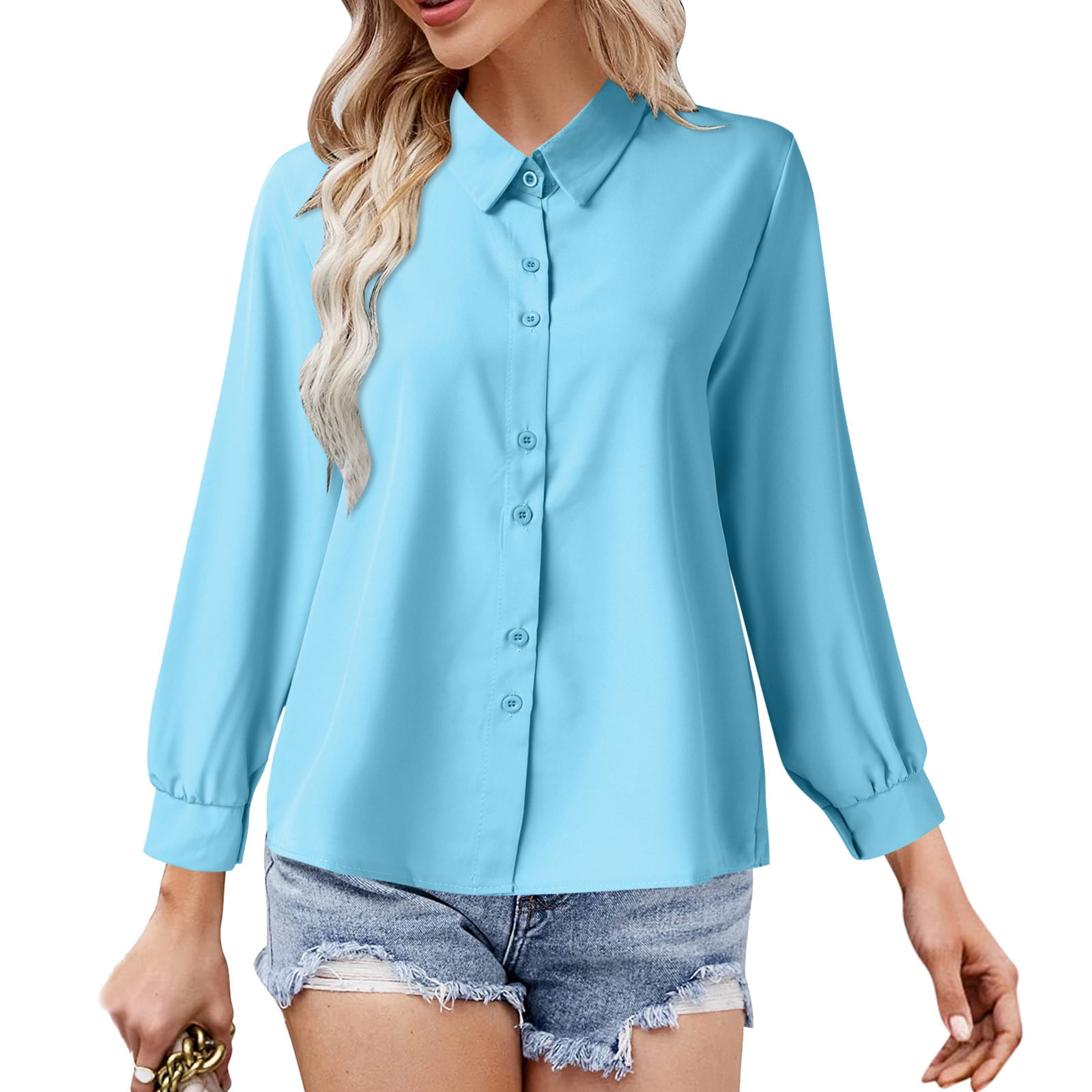 Loose Solid Color Tops Elegant Round Neck Tees Women's Button Down