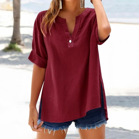 Loose Solid Color Women's Shirt - Stand Collar, Long Sleeve, for Casual and Festival Wear, S, Red