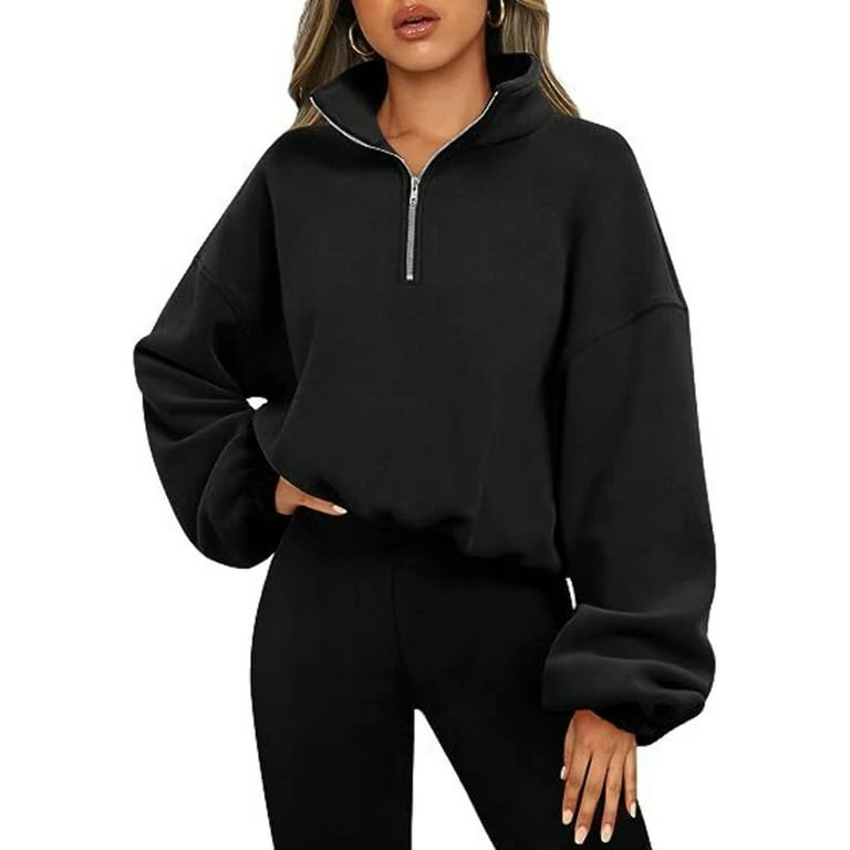 Loose Sport Pullover Hoodie Women Winter Solid Color Zipper Stand Collar Sweatshirt Thick Warm Clothing