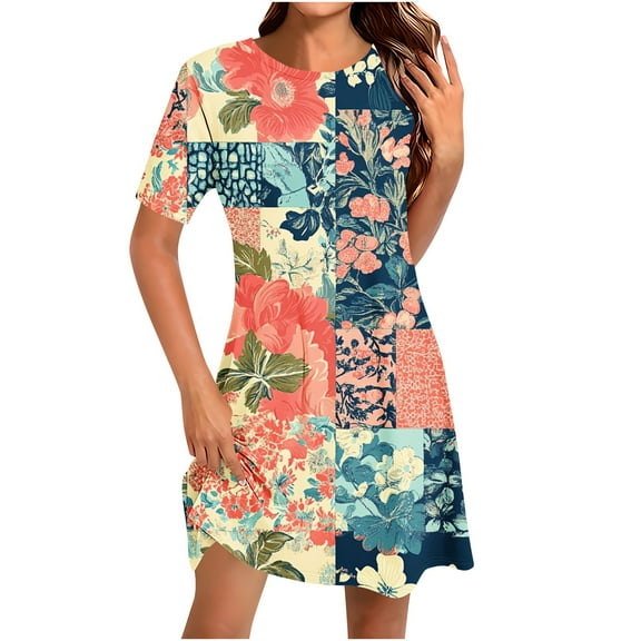 Loose Summer Mini Sundress for Women 2025 Casual Floral Printed Beach Dress Trendy Crewneck A-line Dresses for Beach