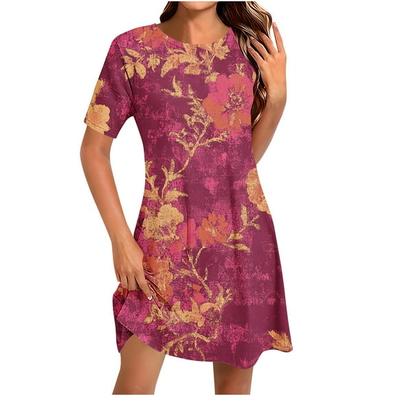 Loose Summer Mini Sundress for Women 2025 Casual Floral Printed Beach Dress Trendy Crewneck A-line Dresses for Beach