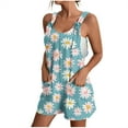 thumbnail image 1 of Loose Summer Romper Womens Shorts with Daisy Flowers Print Sleeveless Knotted Straps Short Jumpsuit with Pockets (XXL, Green), 1 of 6