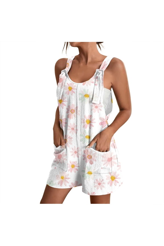 Loose Summer Romper for Women Shorts with Daisy Flowers Print Sleeveless Knotted Straps Short Jumpsuit with Pockets (L, White)