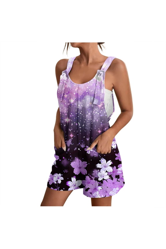 Loose Summer Romper for Women Shorts with Daisy Flowers Print Sleeveless Knotted Straps Short Jumpsuit with Pockets (XL, Hot Pink 02)