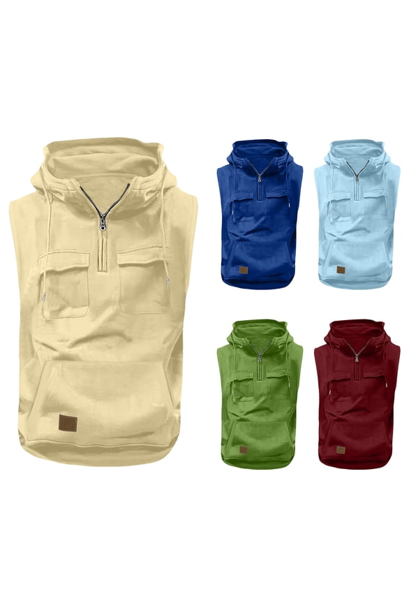 Loose Summer Tank Tops for Men,Plus Size Cargo Tank Tops for Man Vintage Tank Top,Quarter Zip Workout Top Sleeveless Tank with Pocket Pullover Workout Outdoor Sweatshirt