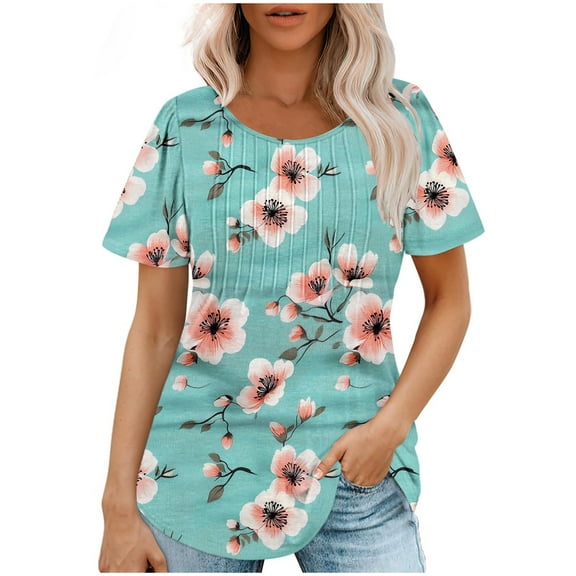 Loose Summer Tops for Women Oversized Short Sleeve Floral Shirt Trendy Casual Pullover, Mint Green, S