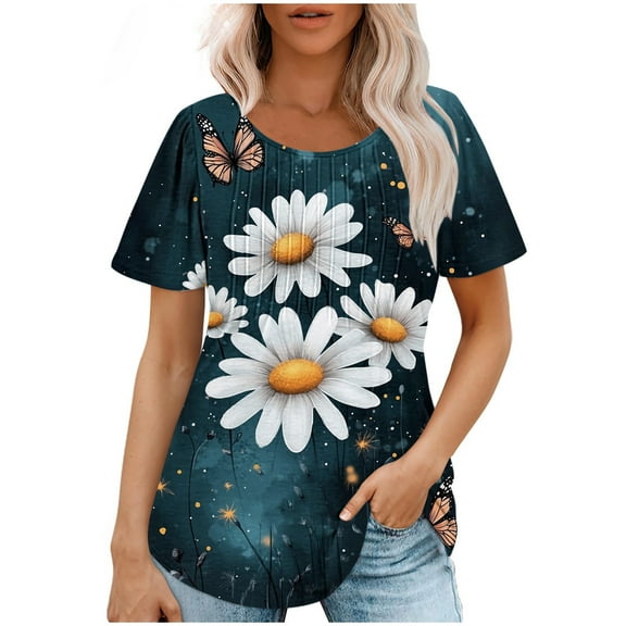 Loose Summer Tops for Women Oversized Short Sleeve Floral Shirt Trendy Casual Pullover, Multicolor, S