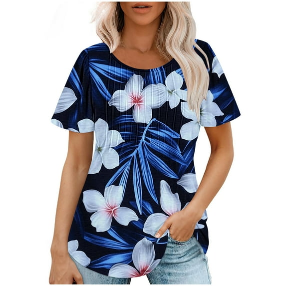 Loose Summer Tops for Women Oversized Short Sleeve Floral Shirt Trendy Casual Pullover, Sky Blue, XXL