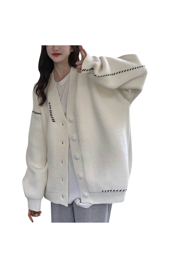 Loose Sweater Cardigans for Women Trendy Casual Long Sleeve Button Down Knit Jacket Open Front Outerwear (One Size, White)