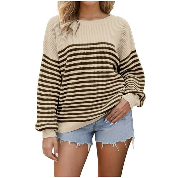 Loose Sweaters for Women Colorblokc Striped Crewneck Pullover Knit Sweater Tops Dropped Long Sleeve Casual Knitwear (XL, Coffee)