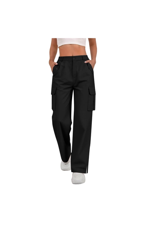 Loose Sweatpants for Women, Button Pocket Wide Leg Tooling Pants, Elastic Waist Side Split Sport Casual Trousers
