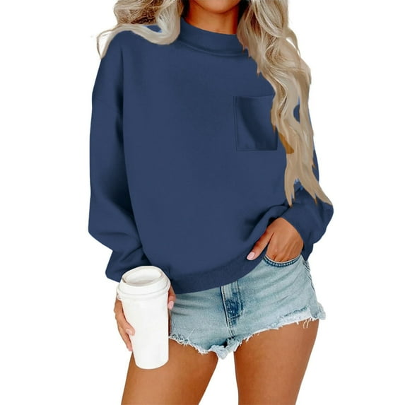 Loose Sweatshirts for Women Cotton Fleece Mock Crew Neck Pullover Sweater Chest Pocket Dropped Long Sleeve Tops (L, Navy)