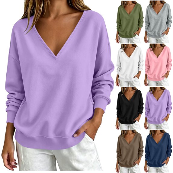 Loose Sweatshirts for Women Deep V Neck Long Sleeve Loose Drop Shoulder Solid Basic Pullover Tops Casual Lounge Sweatshirts