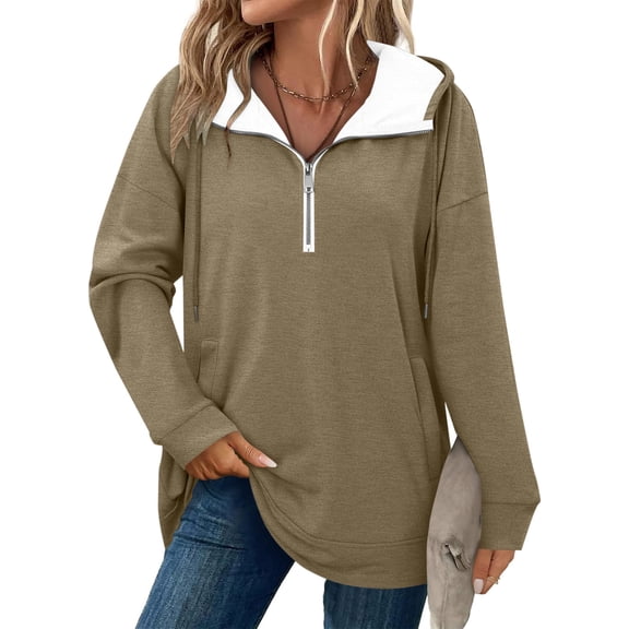 Loose Sweatshirts for Women New Ladies Fashion Solid Color Pocket Half Zip Hooded Drawstring Sweatshirt Style B-71 Coffee S