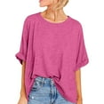 thumbnail image 1 of Loose T Shirts for Women Cotton Summer Casual Roll-Up 1/2 Sleeve Crew Neck Shirts Oversized Basic Comfort Tee Tops S-2XL, Hot Pink, M, 1 of 6