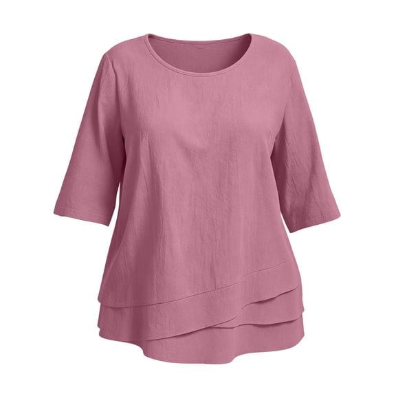 Loose T-Shirts for Women Plus Size Crew Neck 3/4 Sleeve Pullover Three Layer Soft Lightweight Casual Tops Pink 5XL