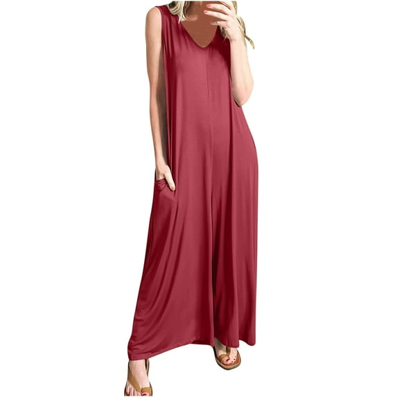 Loose Tank Top Jumpsuit for Women Casual Plunge Oversize Wide Leg Jumper with Pocket Long Pants Baggy Daily Outfits, Wine, XXL