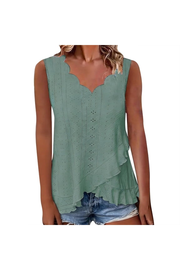 Loose Tank Tops for Women V Neck Hollow Out Solid Scallop Edge Casual Tops Summer Tops