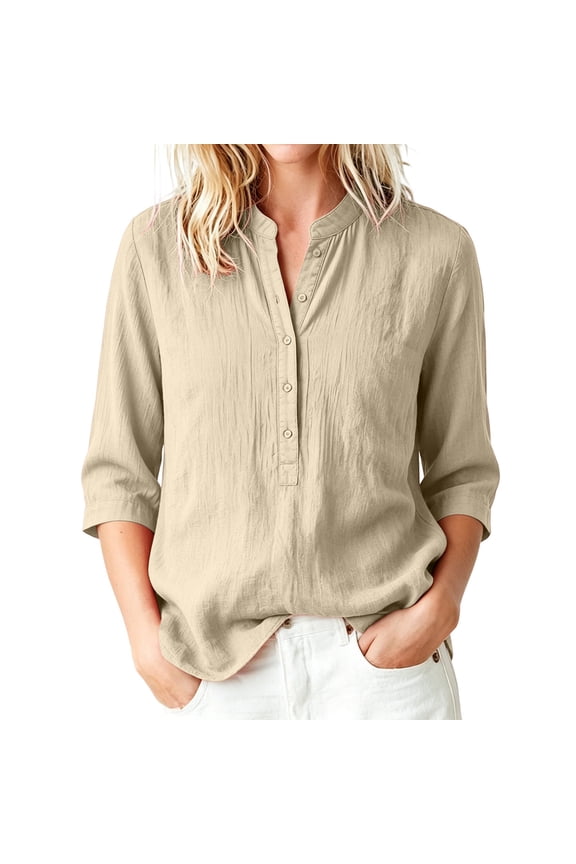Loose Tank Tops for Women’s Half Button Shirt - 3/4 Sleeve Crew Neck R Faux Linen Tops - Loose Breathable Office Dress Blouses S