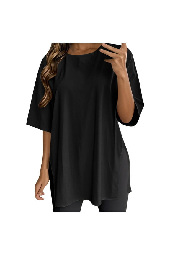 Loose Tops for Women Summer Casual Workout Long T-shirts Side Split Short Sleeve Crew Neck Yoga Tees (S, Black)