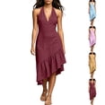 thumbnail image 1 of Loose V Neck Dresses Flowy Dresses for Women Women's Fashion Crewneck Loose Half Sleeve Solid Knee-Length Dress Wine Xxxl, 1 of 6