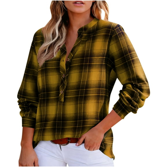 Loose V-Neck Plaid Shirt for Women, Button up Fashion Flannel Jackets, Long Sleeves Fall Comfy Tops