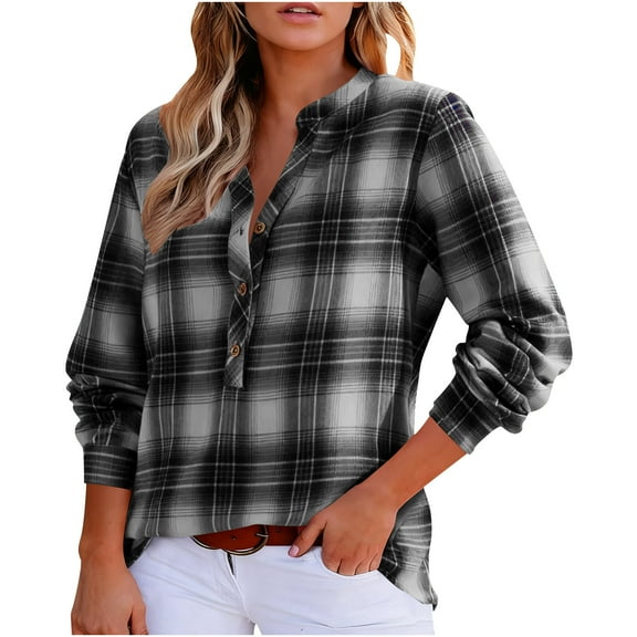 Loose V-Neck Plaid Shirt for Women, Button up Fashion Flannel Jackets, Long Sleeves Fall Comfy Tops