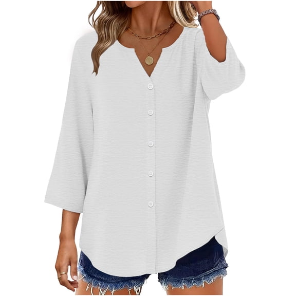 Loose V-Neck T-Shirt for Women 3/4 Sleeve Button up Tops Summer Lightweight Casual Cardigan Tops ,White,XL