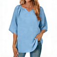 thumbnail image 1 of Loose V-Neck T-Shirt for Women Capris Sleeve Pleated Neck Tops Summer Pullover Comfy Shirt, 1 of 8