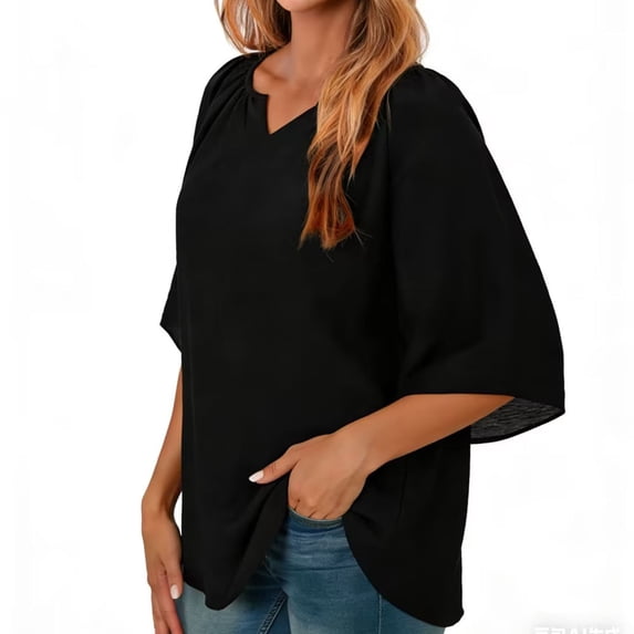 Loose V-Neck T-Shirt for Women Capris Sleeve Pleated Neck Tops Summer Pullover Comfy Shirt