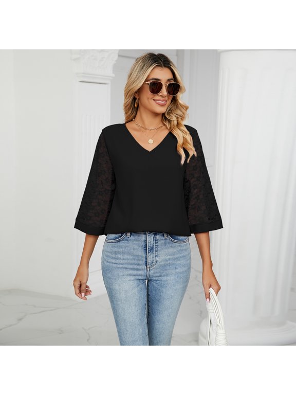 Loose V-neck Seven Quarter Lace Flared Sleeve Patchwork Chiffon Shirt for Women Base Shirt for Women