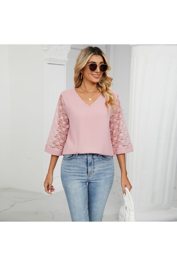 Loose V-neck Seven Quarter Lace Flared Sleeve Patchwork Chiffon Shirt for Women Base Shirt for Women
