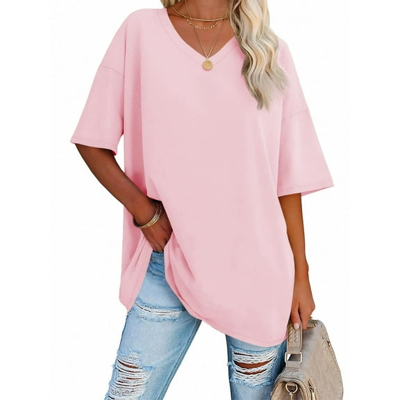 Loose V-neck Women's Short Sleeve T-shirt Solid Color Summer Casual Oversize Shirt Tops