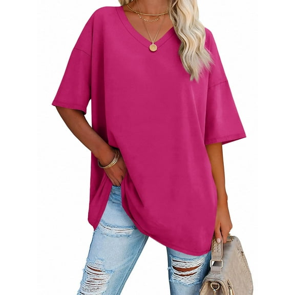 Loose V-neck Women's Short Sleeve T-shirt Solid Color Summer Casual Oversize Shirt Tops