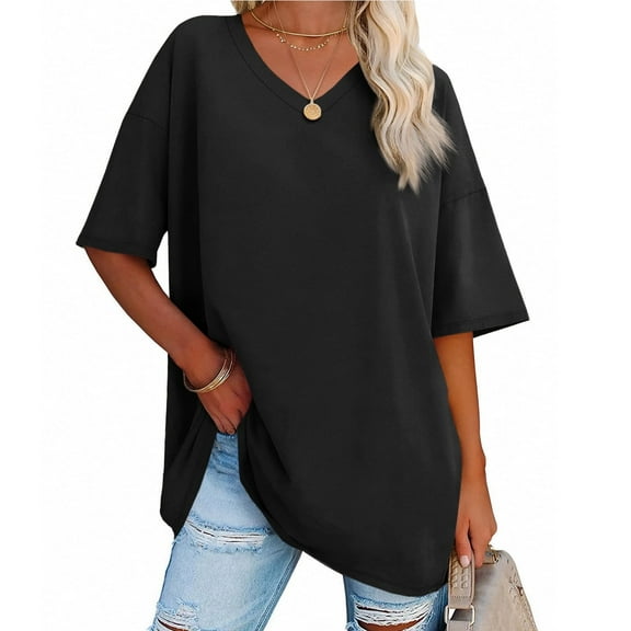 Loose V-neck Women's Short Sleeve T-shirt Solid Color Summer Casual Oversize Shirt Tops