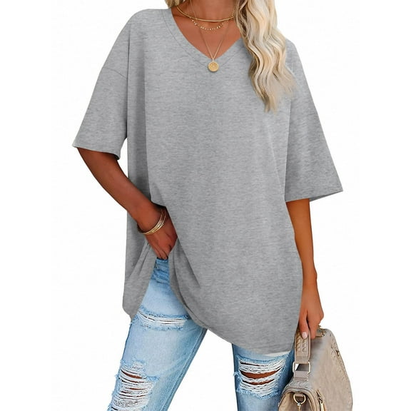 Loose V-neck Women's Short Sleeve T-shirt Solid Color Summer Casual Oversize Shirt Tops