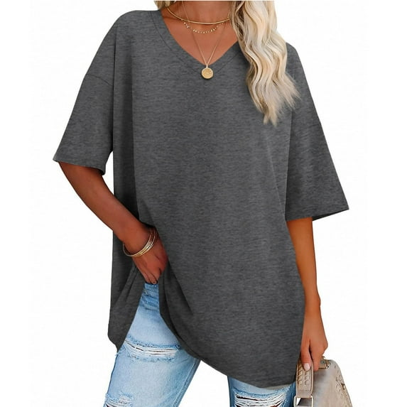 Loose V-neck Women's Short Sleeve T-shirt Solid Color Summer Casual Oversize Shirt Tops