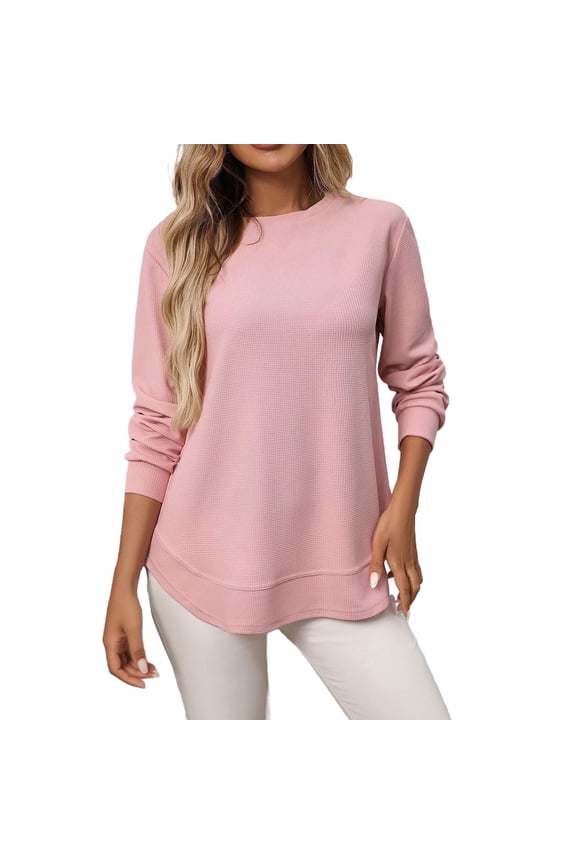 Loose Waffle Knit Blouses Womens Tops Crew Neck Long Sleeve Curved Hem Dressy Casual Shirts Business, Pink M